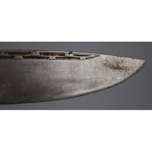 190 - Nepalese khukri with brass inlaid handle and religious etchings in black leather scabbard. Approx bl... 
