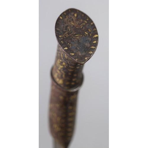 190 - Nepalese khukri with brass inlaid handle and religious etchings in black leather scabbard. Approx bl... 