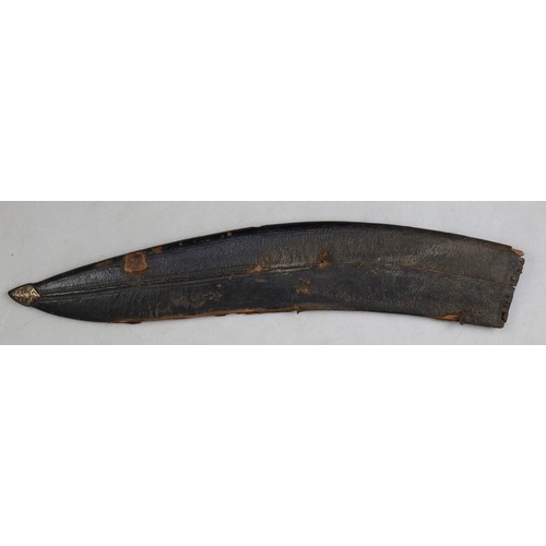 190 - Nepalese khukri with brass inlaid handle and religious etchings in black leather scabbard. Approx bl... 