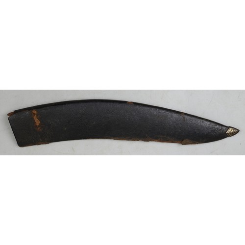 190 - Nepalese khukri with brass inlaid handle and religious etchings in black leather scabbard. Approx bl... 
