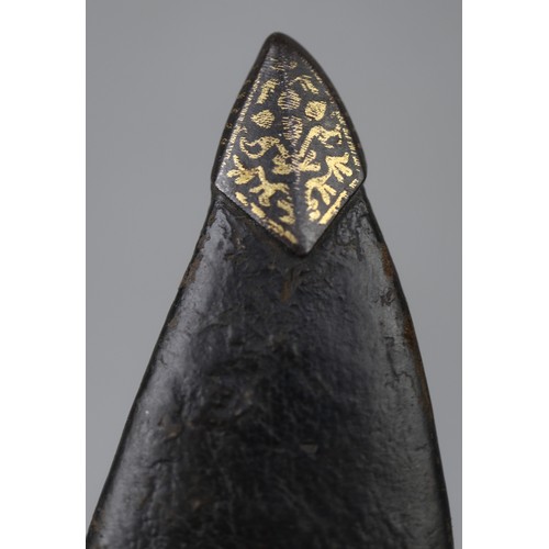 190 - Nepalese khukri with brass inlaid handle and religious etchings in black leather scabbard. Approx bl... 