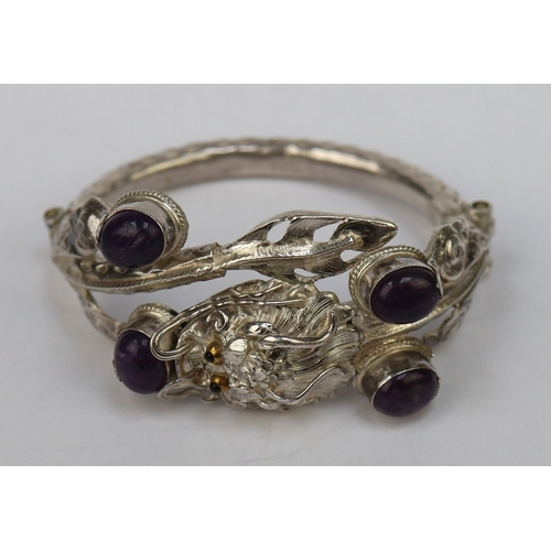 112 - Silver dragon bangle set with amethyst - Approx 37.58g