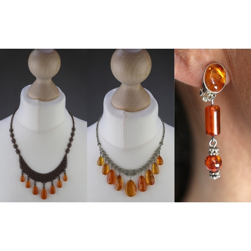 150 - 2 Baltic amber necklaces and silver amber clip on earrings