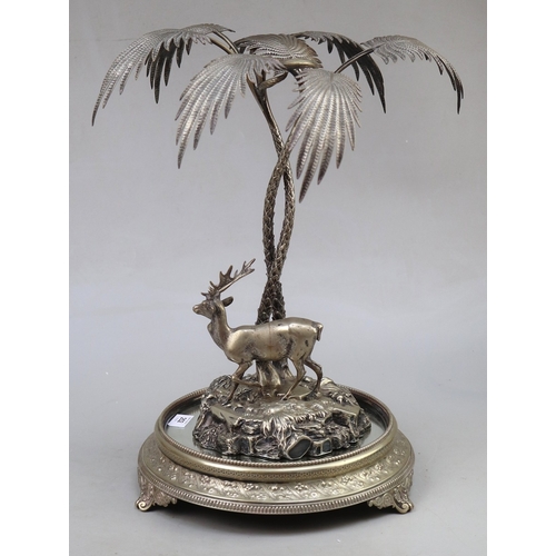 252 - Silverplate table centrepiece of stag under palm trees by Elkington &amp; Co. H: 52cm - A/F