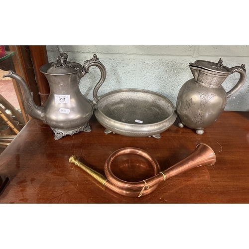 313 - Collection of pewter together with a copper horn