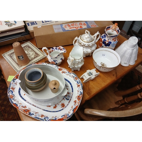 314 - Collection of ceramics to include Shelley jelly mould and gold pattern tea set