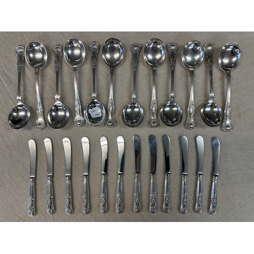 326 - Set of 12 Mappin & Webb soup spoons together with 12 butter knives