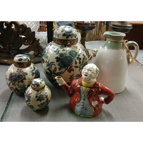 Ceramics to include a vintage Mr Pickwick teapot & 3 graduated ginger jars