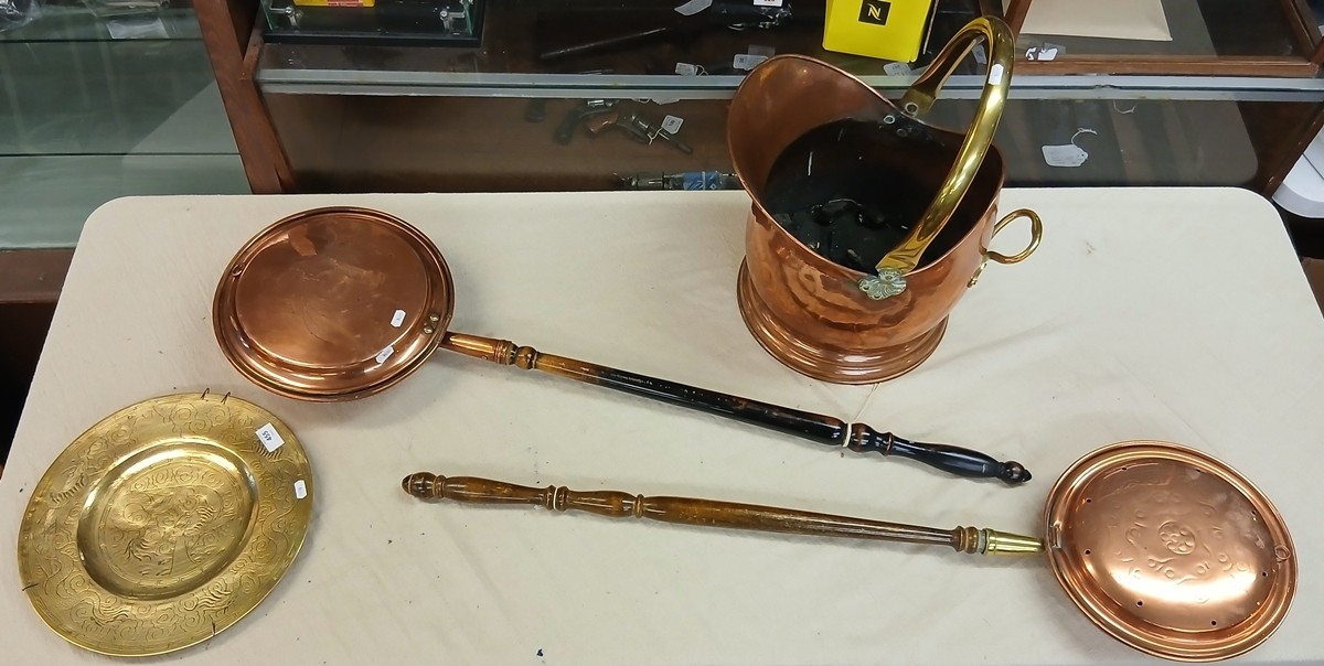 2 Copper warming pans, coal scuttle & brass charger