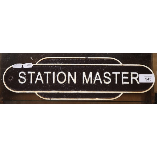 545 - 'Station master' metal sign - Approx 38cmX11cm