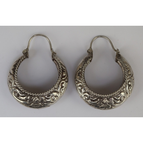 58 - Pair of chased silver hoop earrings&nbsp;