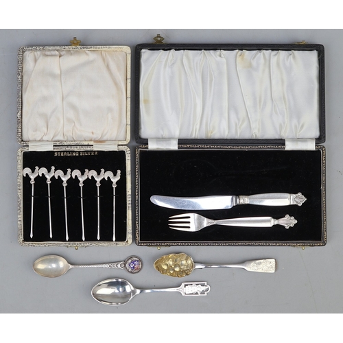 6 - Collection of silver to include George Jensen knife and fork, tea spoons, and cocktail sticks