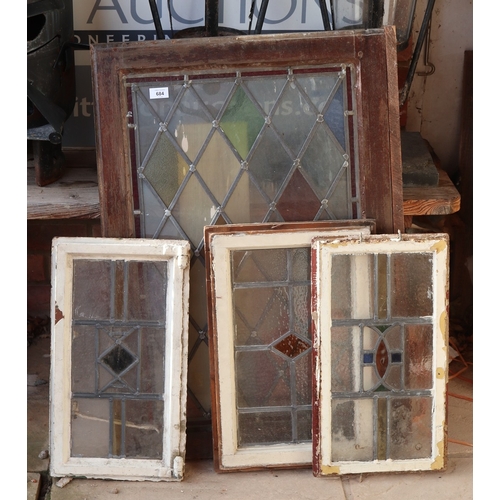 684 - 3 small and 1 large leaded glass window panel