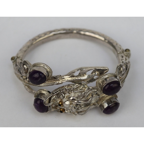112 - Silver dragon bangle set with amethyst - Approx 37.58g