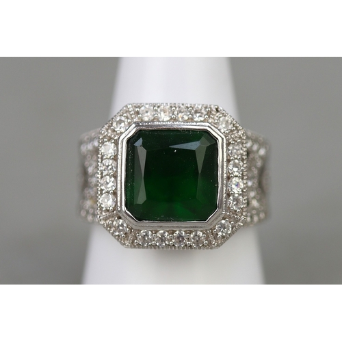 115 - Silver green stone and CZ ring