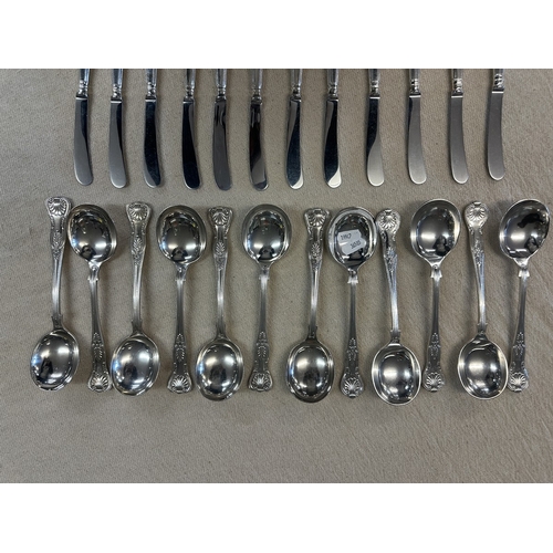 326 - Set of 12 Mappin & Webb soup spoons together with 12 butter knives