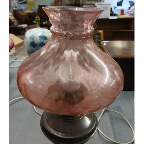 350 - Pair of electric lamps converted from oil lamps with cranberry glass shades - Approx H: 50cm