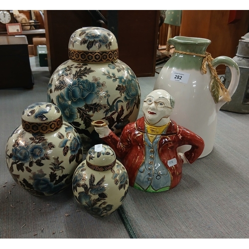 Ceramics to include a vintage Mr Pickwick teapot & 3 graduated ginger jars