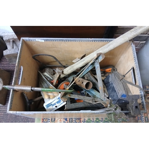 473 - Wooden box containing a quantity of vintage tools, including vices, saws, files, calipers and axle s... 