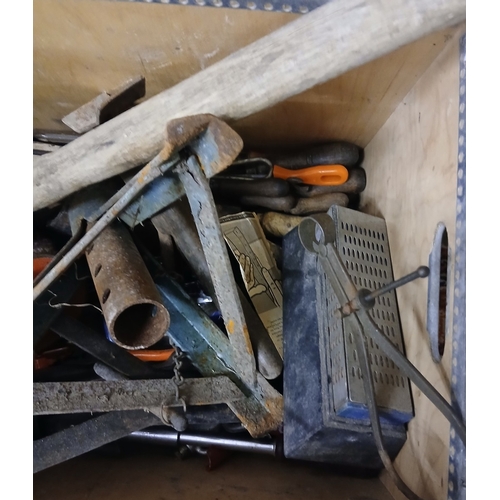 473 - Wooden box containing a quantity of vintage tools, including vices, saws, files, calipers and axle s... 