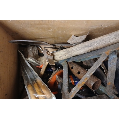 473 - Wooden box containing a quantity of vintage tools, including vices, saws, files, calipers and axle s... 