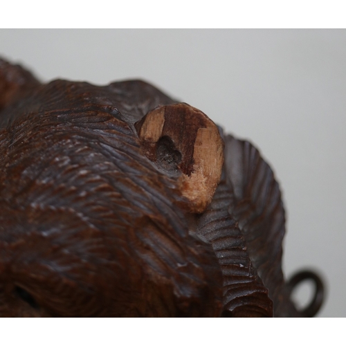 506 - Musical hand Carved wooden Swiss Black Forest Bear with chamois horn coat hooks - Damage to one ear