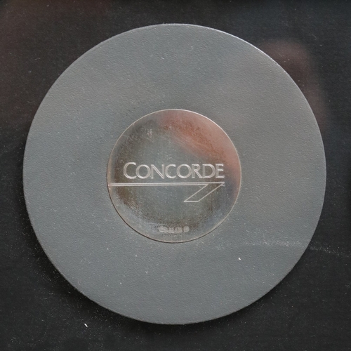 508 - Framed picture of Concord together with 4 hallmarked silver Concord drinks coasters