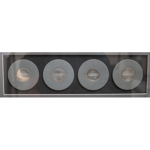 508 - Framed picture of Concord together with 4 hallmarked silver Concord drinks coasters