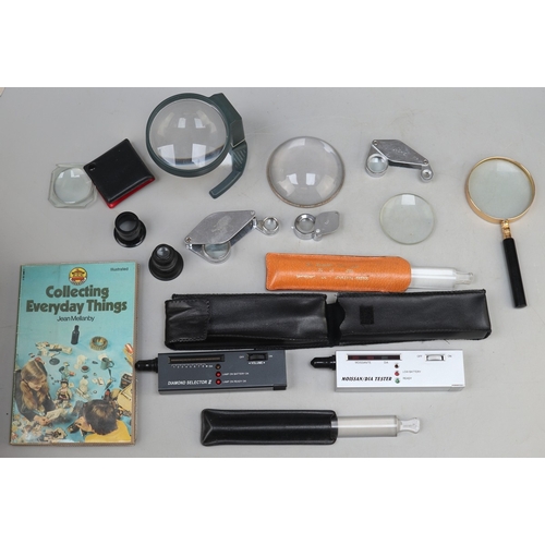 Collection of magnifiers, 2 diamond testers & jewellery loops