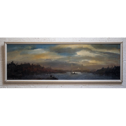 444 - Oil on board of the Thames scene with Tower Bridge by Edward Elliot (1850-1916) - Approx 100cm x 32c... 