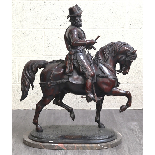 A monumental bronze of William of Orange astride his horse, mounted to a marble base marked De Muichincam 1848 - Approx L: 74cm H: 87cm