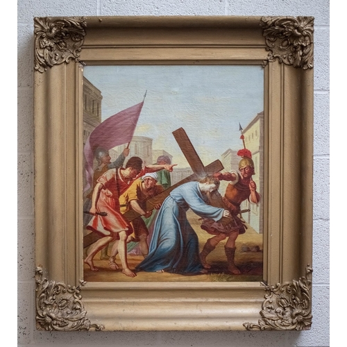 463 - Large gilt framed 18thC Italian painting depicting the 5th Station of the Cross - Simon of Cyrene he... 