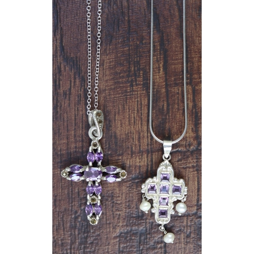 103 - Silver amethyst set pendant on silver chain together with a silver amethyst & pearl set pendant ... 
