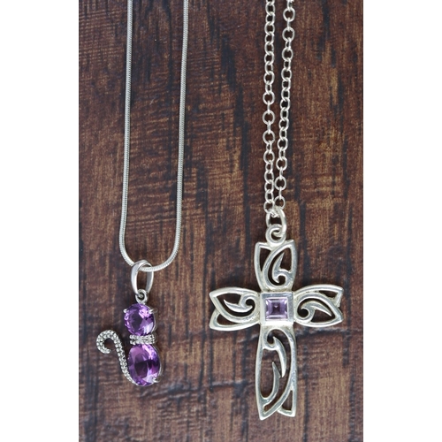 104 - 2 silver amethyst set pendants on silver chains - Celtic cross & cat
