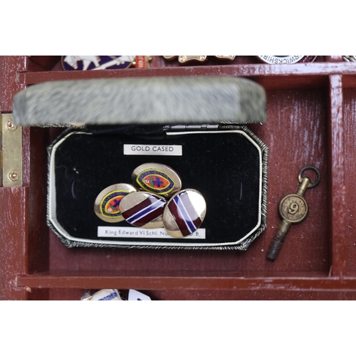 29 - Collectables in glass fronted case to include pocket watch, compass etc.