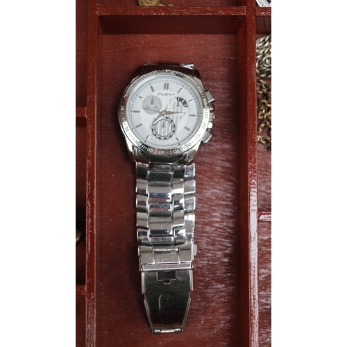 29 - Collectables in glass fronted case to include pocket watch, compass etc.