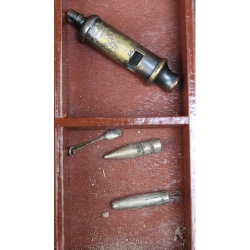 29 - Collectables in glass fronted case to include pocket watch, compass etc.