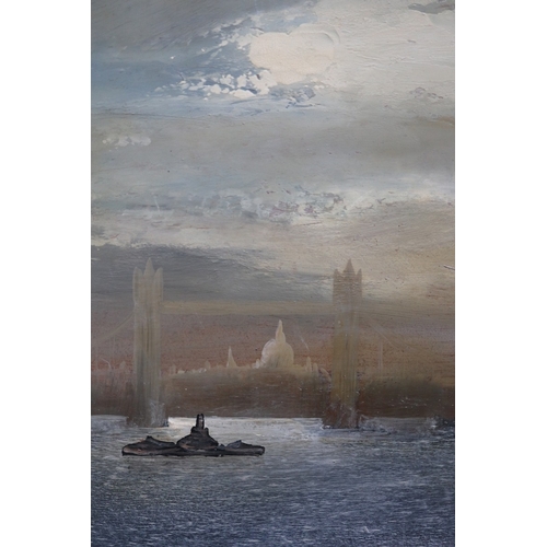 444 - Oil on board of the Thames scene with Tower Bridge by Edward Elliot (1850-1916) - Approx 100cm x 32c... 