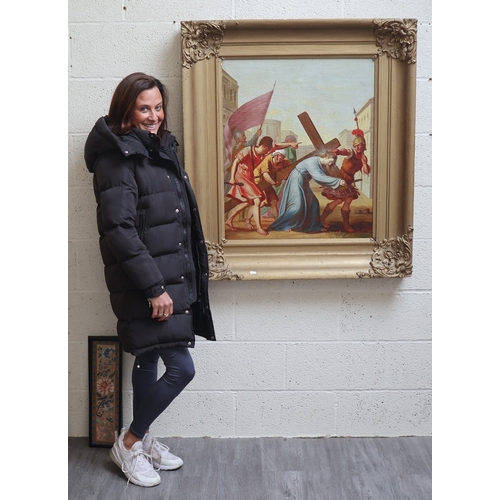 463 - Large gilt framed 18thC Italian painting depicting the 5th Station of the Cross - Simon of Cyrene he... 