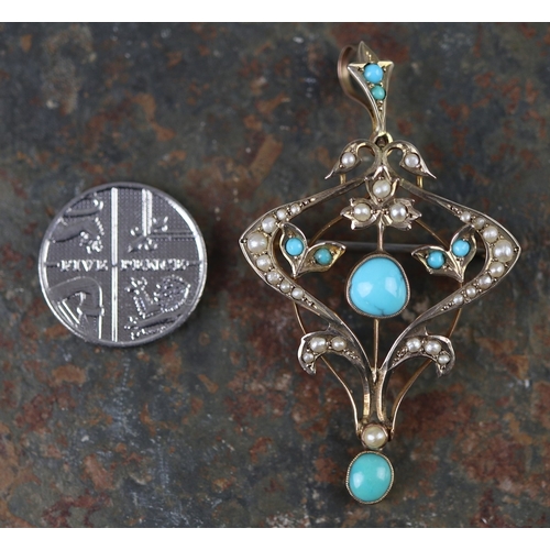 47 - 9ct gold turquoise and seed pearl pendant - Approx 4.2g