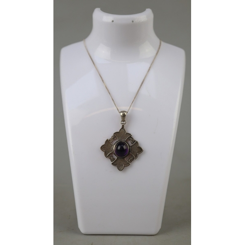 49 - Silver amethyst set Celtic pendant & chain - Approx 20g
