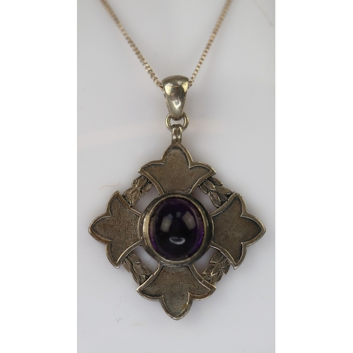 49 - Silver amethyst set Celtic pendant & chain - Approx 20g