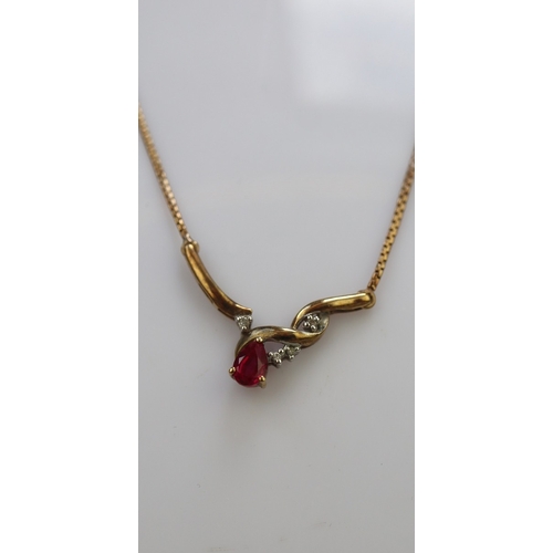 97 - 18ct gold ruby & diamond necklace - Approx 2.9g
