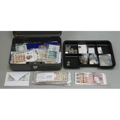 113 - Money tin with coins and bank notes to include legal tender - &pound;50, &pound;20, &pound;10 and &pound;5 notes some in run...