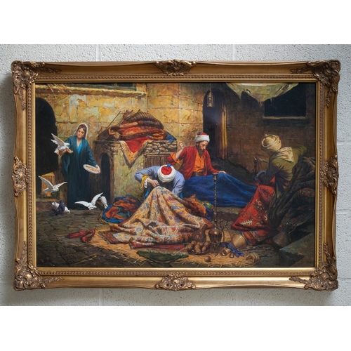 393 - Large gilt framed oil on canvas - The Carpet Seller-Cairo by Melzeplon (b.1955) - Approx IS 89cm x 6...