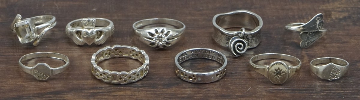 Ten silver rings