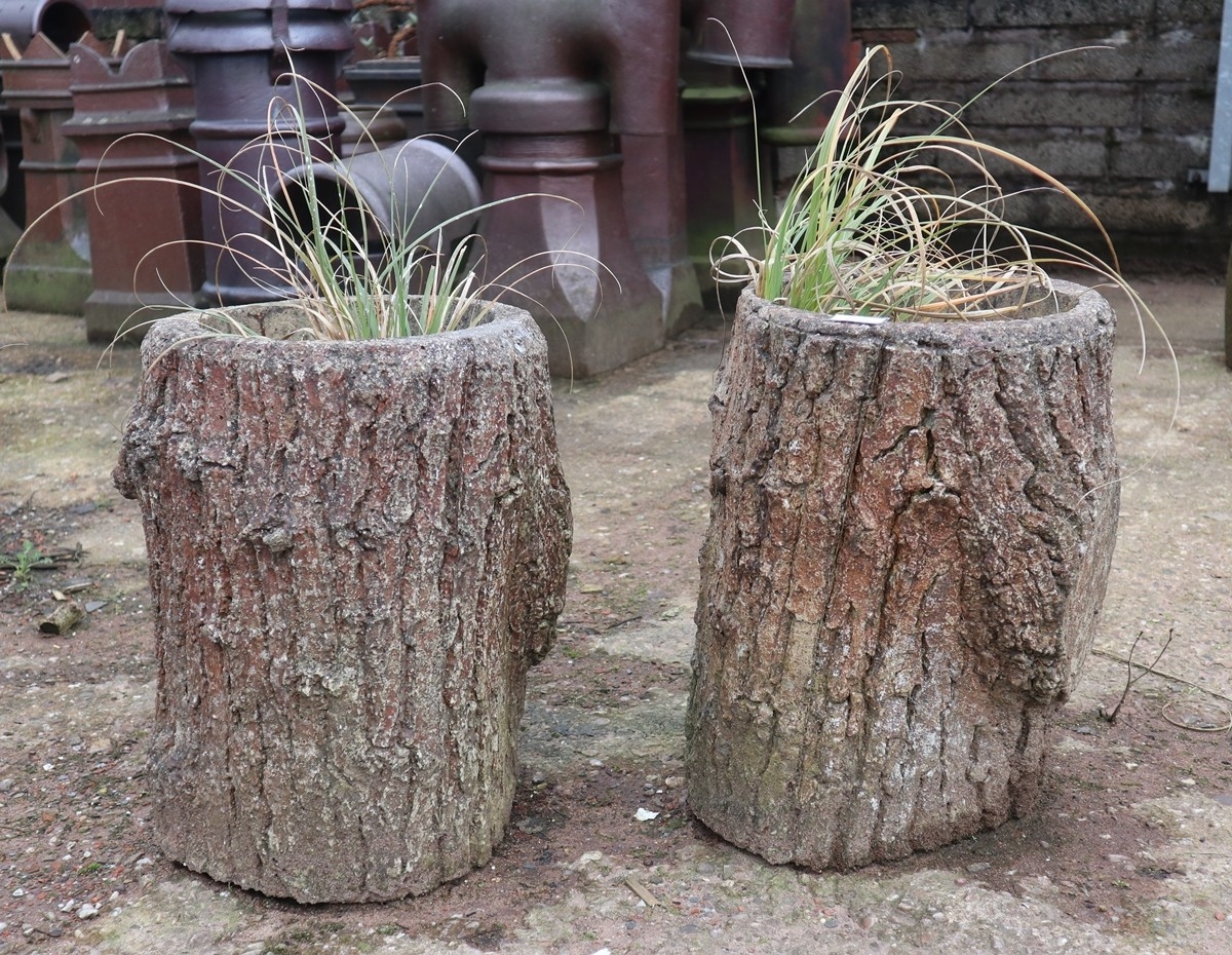 Pair of aged very detailed realistic tree trunk planters 500mm tall x ...