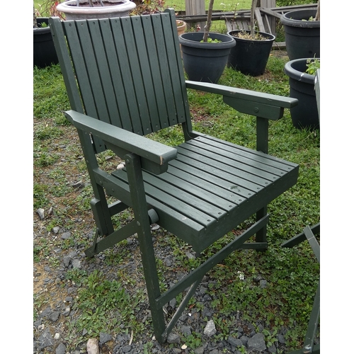 105 - Folding wooden garden table with two matching armchairs