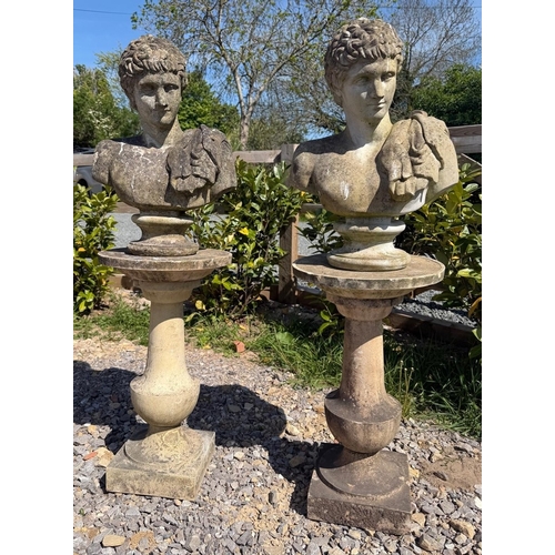 394 - Pair of well weathered reconstituted stone busts of Hermes on Haddenstone plinths - Approx 1.3m tall... 