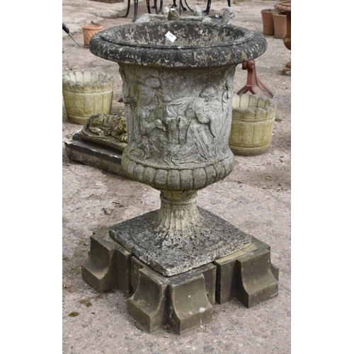 399 - Large Campagna Urn on York Stone Plinth &ndash; Very well‑weathered campagna urn with Grecian figure... 